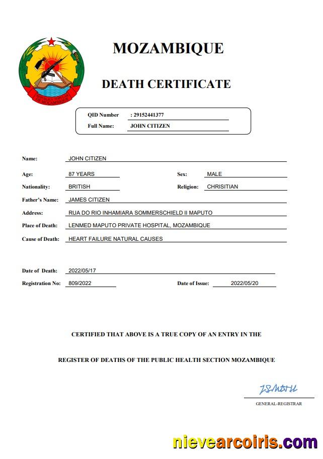 Mozambique vital record death certificate